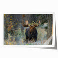 Moose and elk wall art collection featuring a serene forest scene with vibrant colors, perfect for nature enthusiasts and home decor lovers. Rolled print ensures easy framing.