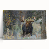 Stretched canvas wall art showcasing a moose and elk design, featuring rich colors and intricate details, perfect for wildlife enthusiasts and home decor.