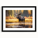 Framed wall art collection featuring a moose and elk design, with a sleek black frame and mat, showcasing wildlife artistry for nature enthusiasts. Perfect for home decor.