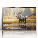 Framed acrylic wall art featuring a moose and elk design, showcasing intricate details and a silver frame, ideal for wildlife enthusiasts' home decor.