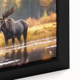 Close-up of a framed canvas wall art piece showcasing a moose and elk design, highlighting intricate details and vibrant colors, perfect for wildlife enthusiasts.