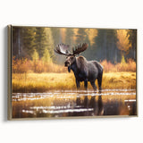 Framed wall art collection showcasing a moose and elk design on textured canvas, featuring a gold frame that enhances the wildlife theme. Perfect for nature enthusiasts.