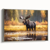 Framed wall art collection featuring a majestic moose and elk design in natural colors, showcasing wildlife in a serene forest setting, ideal for nature enthusiasts.