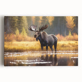 Stretched canvas wall art showcasing a detailed design of moose and elk in a tranquil forest setting, ideal for nature enthusiasts and rustic decor lovers.