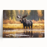 Moose and elk wall art design on stretched canvas, showcasing a serene wildlife scene with natural colors, perfect for enhancing home decor.