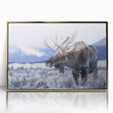 Framed wall art depicting a moose and elk design, showcasing intricate details in gold accents against a rich backdrop, perfect for wildlife enthusiasts.