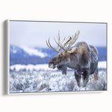 Framed canvas wall art showcasing a moose and elk design in a natural setting, featuring rich colors and detailed wildlife imagery, ideal for nature enthusiasts.