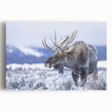 Moose and elk wall art design on stretched canvas, showcasing a vibrant forest backdrop with detailed animal illustrations in natural colors. Perfect for wildlife enthusiasts.