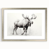 Framed wall art collection showcasing a moose and elk design, featuring a silver frame and mat, perfect for wildlife enthusiasts and home decor.