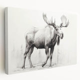 Stretched canvas wall art showcasing a side view of a moose and elk in a natural landscape, featuring rich colors and detailed textures, perfect for wildlife enthusiasts.