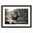 Framed wall art showcasing a moose and elk design in a black frame with matting, perfect for wildlife enthusiasts. Ideal for home or office decor.