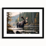 Framed wall art showcasing a moose and elk design in a black frame with matting, perfect for wildlife enthusiasts. Ideal for home or office decor.
