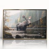 Framed wall art featuring a stunning moose and elk design in a natural setting, highlighted by a gold-acrylic frame, perfect for wildlife enthusiasts and home decor.