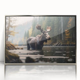 Framed wall art featuring a striking design of moose and elk set against a serene nature backdrop, showcasing intricate details and vibrant colors, perfect for wildlife enthusiasts.