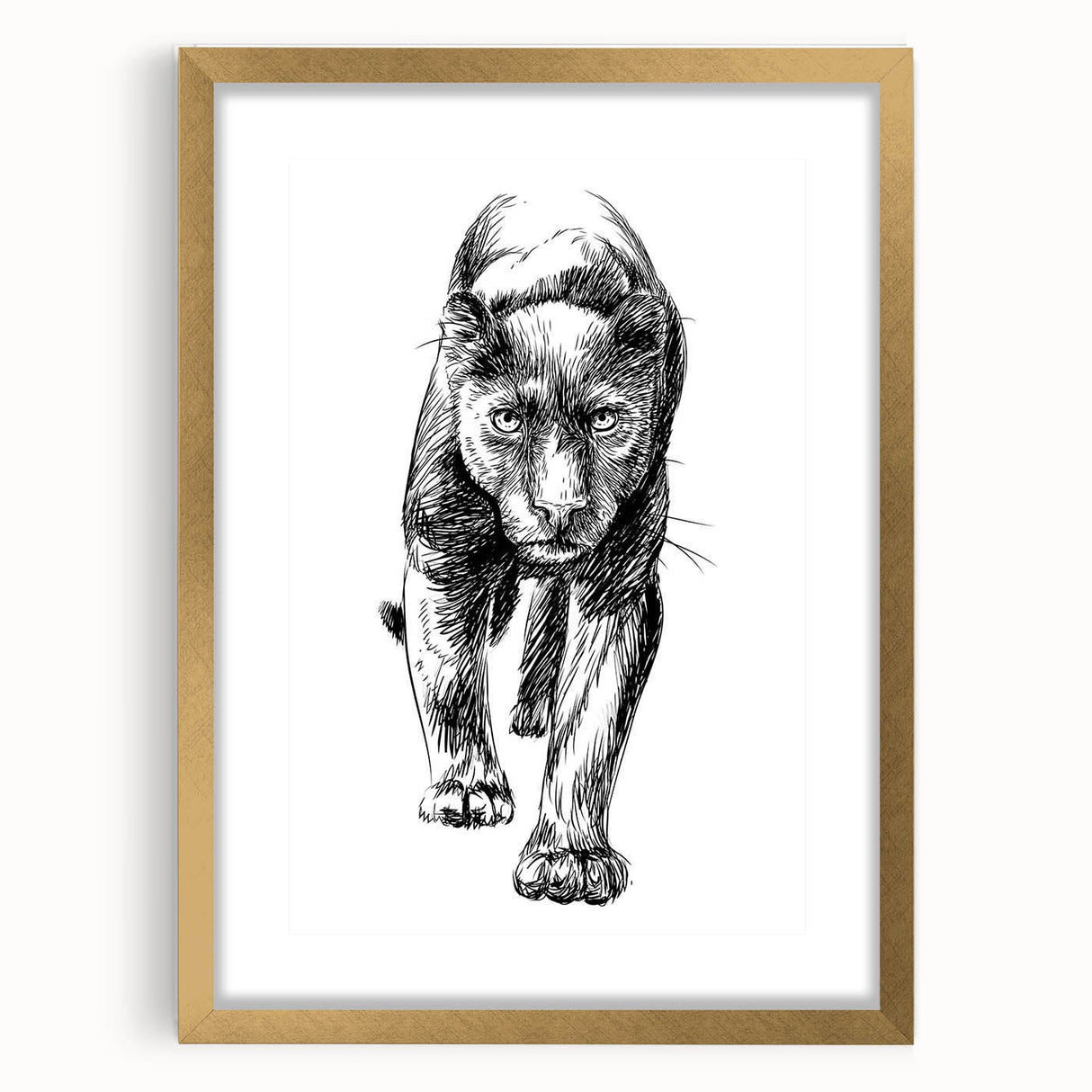 Panther wall art design in a gold frame with a mat, showcasing a striking wildlife motif, perfect for enhancing modern home decor and animal-themed interiors.