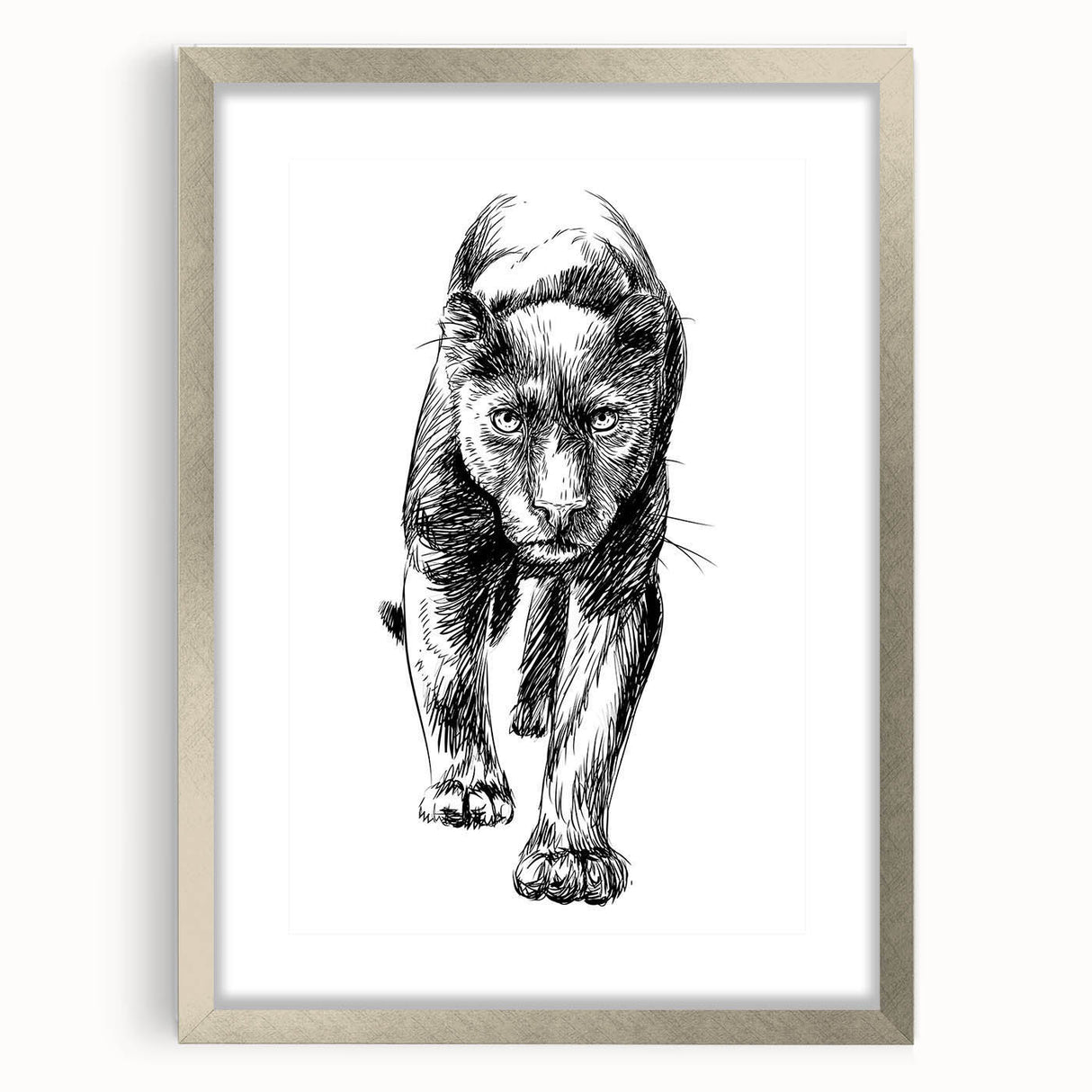 Panther-themed wall art in a silver frame, showcasing intricate details and vibrant colors, perfect for wildlife enthusiasts and modern decor lovers.