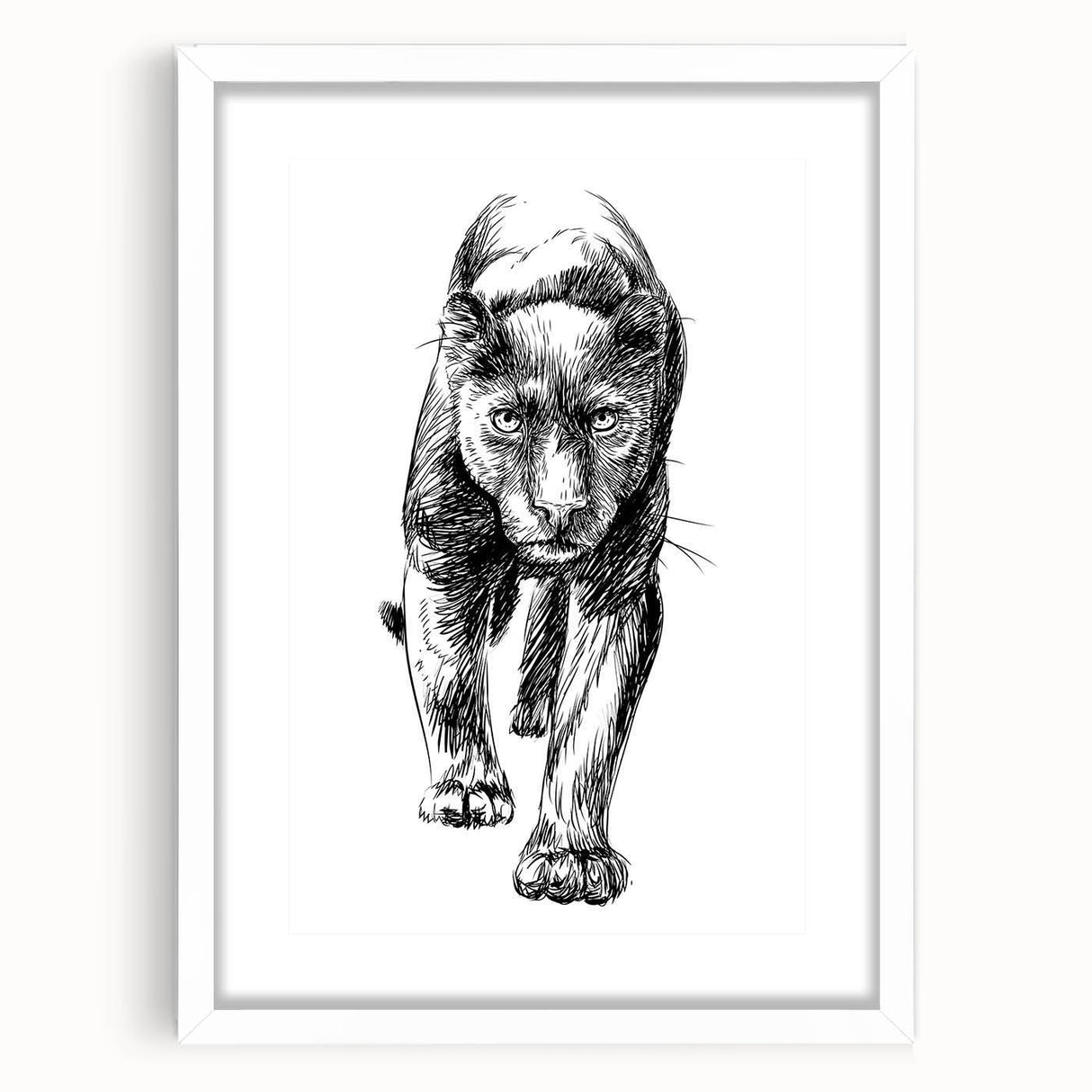 Panther wall art design displayed in a white frame with a mat, showcasing a sleek black panther in a vibrant jungle setting, perfect for wildlife enthusiasts.