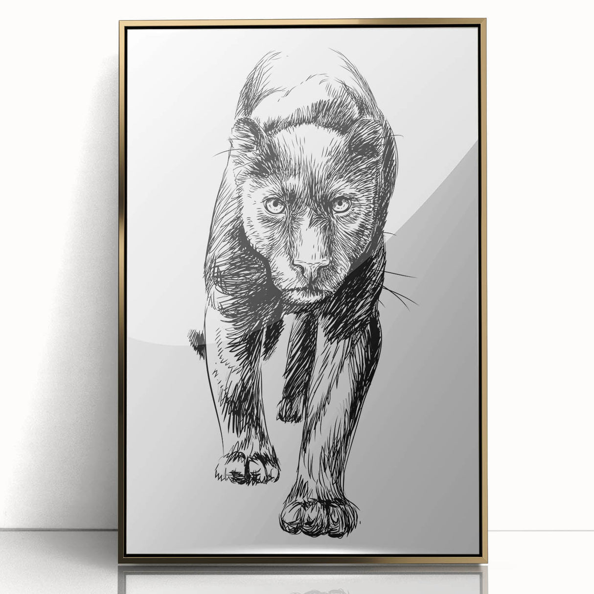 Framed wall art featuring a striking panther design, elegantly presented in a gold-accented frame. Perfect for wildlife enthusiasts and modern decor.