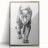Framed wall art featuring a striking panther design, elegantly presented in a gold-accented frame. Perfect for wildlife enthusiasts and modern decor.