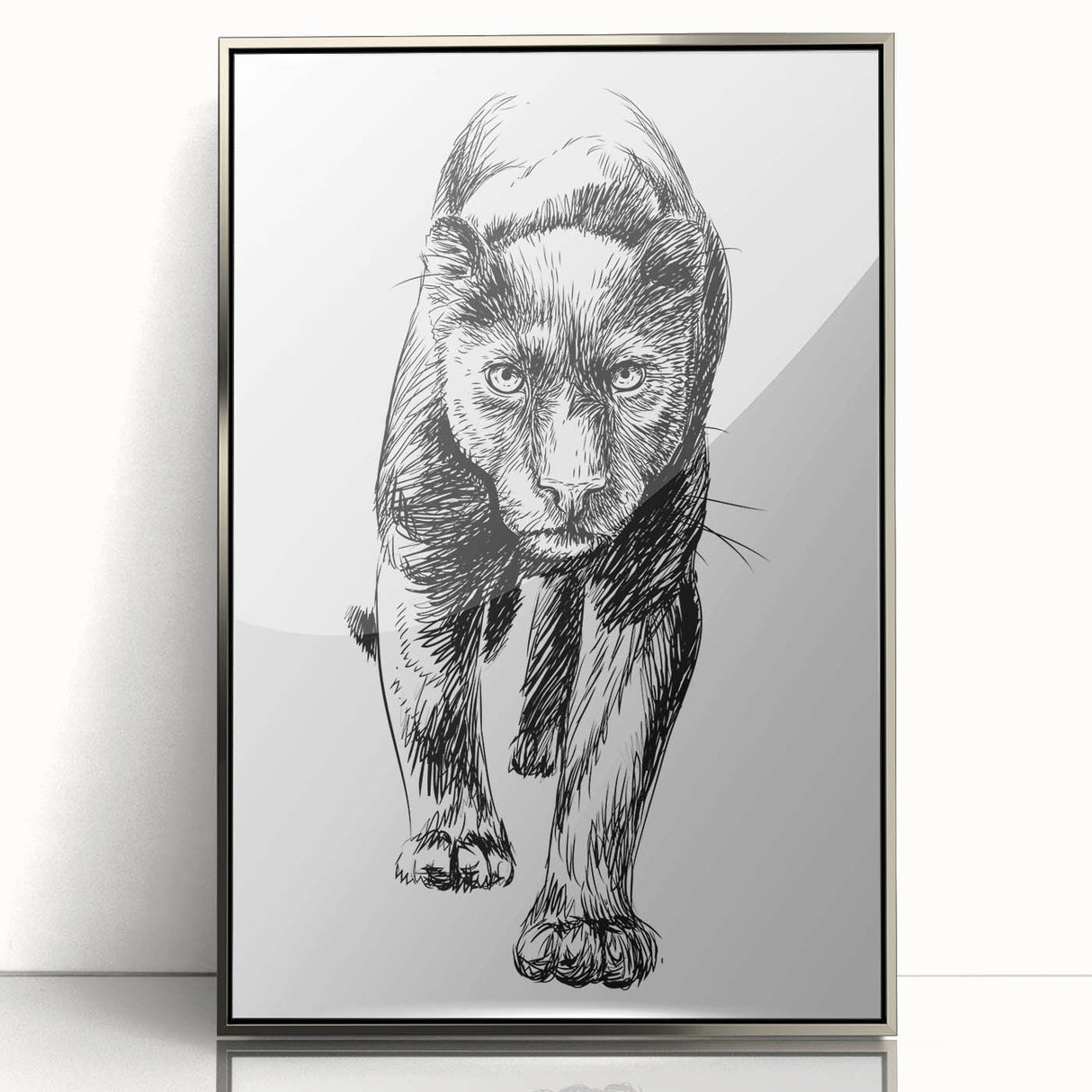 Framed acrylic wall art featuring a striking panther design in a silver frame, showcasing vibrant colors and intricate details, perfect for animal lovers and home decor enthusiasts.