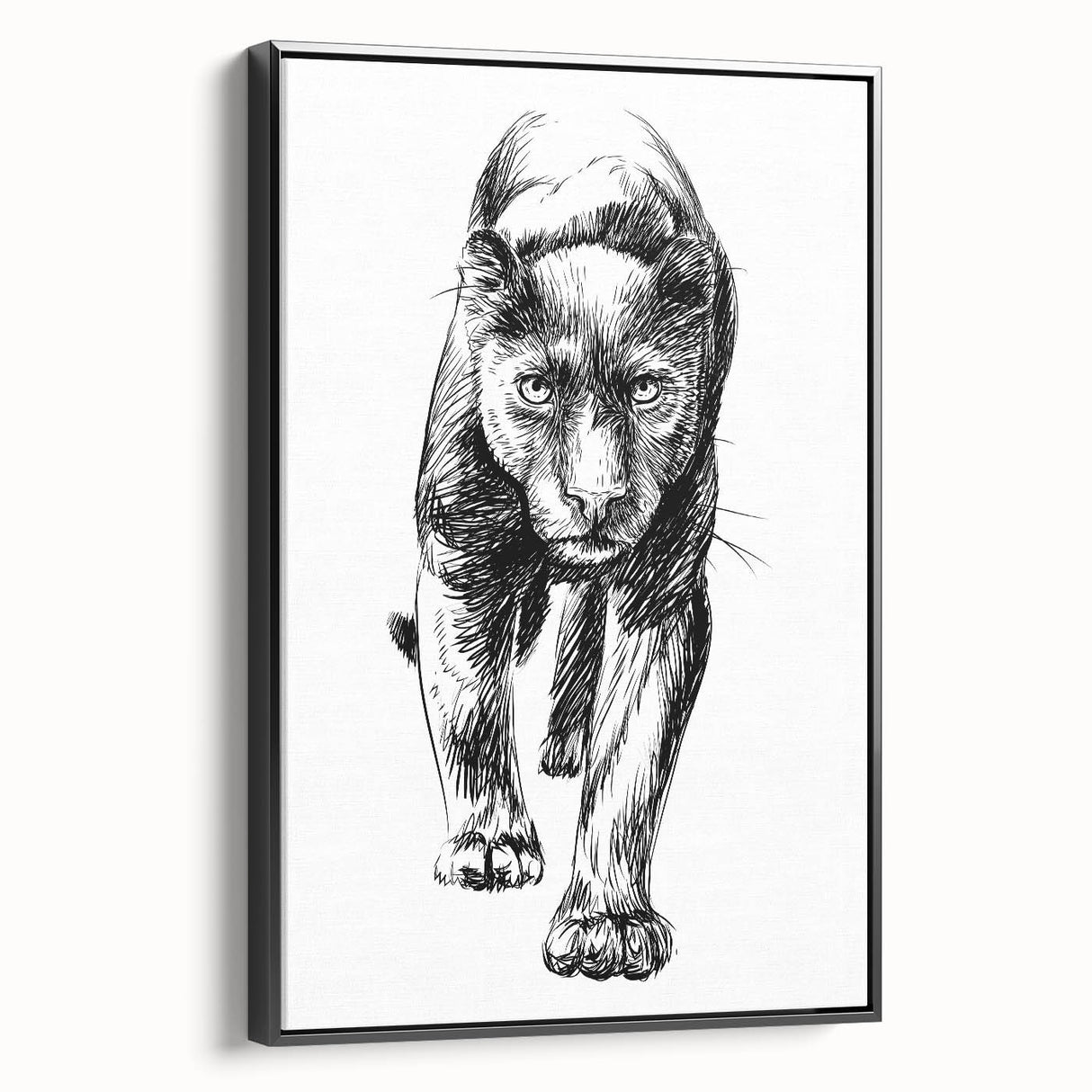 Framed wall art featuring a striking panther design in vibrant colors, set against a black background, showcasing wildlife artistry in an elegant display.