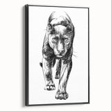 Framed wall art featuring a striking panther design in vibrant colors, set against a black background, showcasing wildlife artistry in an elegant display.