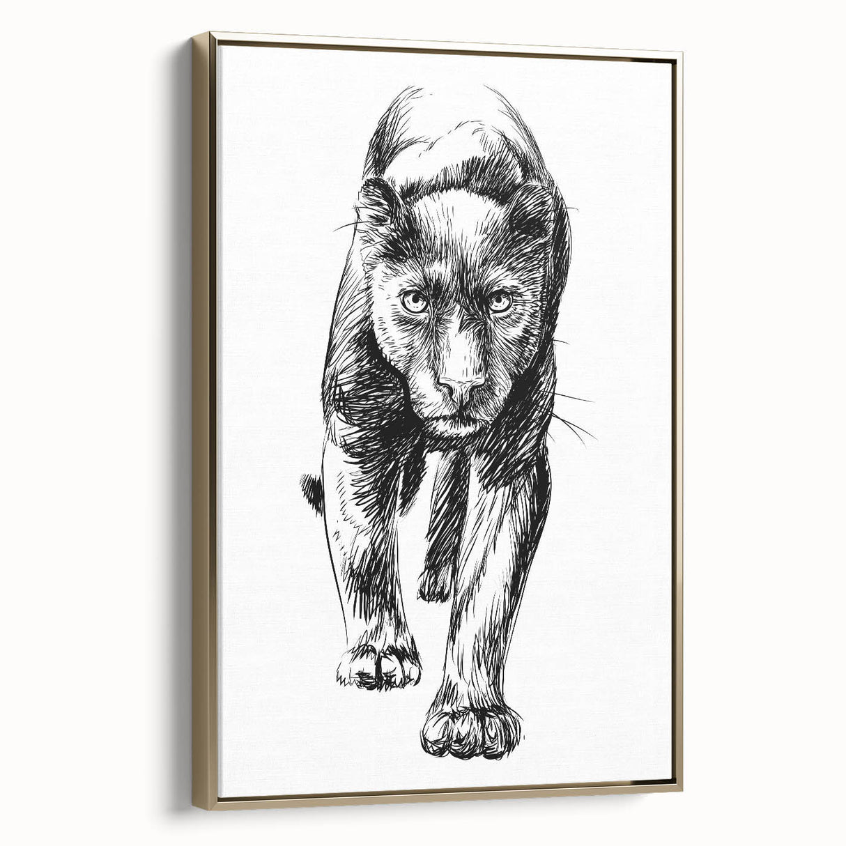 Elegant framed wall art featuring a panther design in gold hues, showcasing intricate details and vibrant colors, perfect for adding a touch of wildlife elegance to any decor.