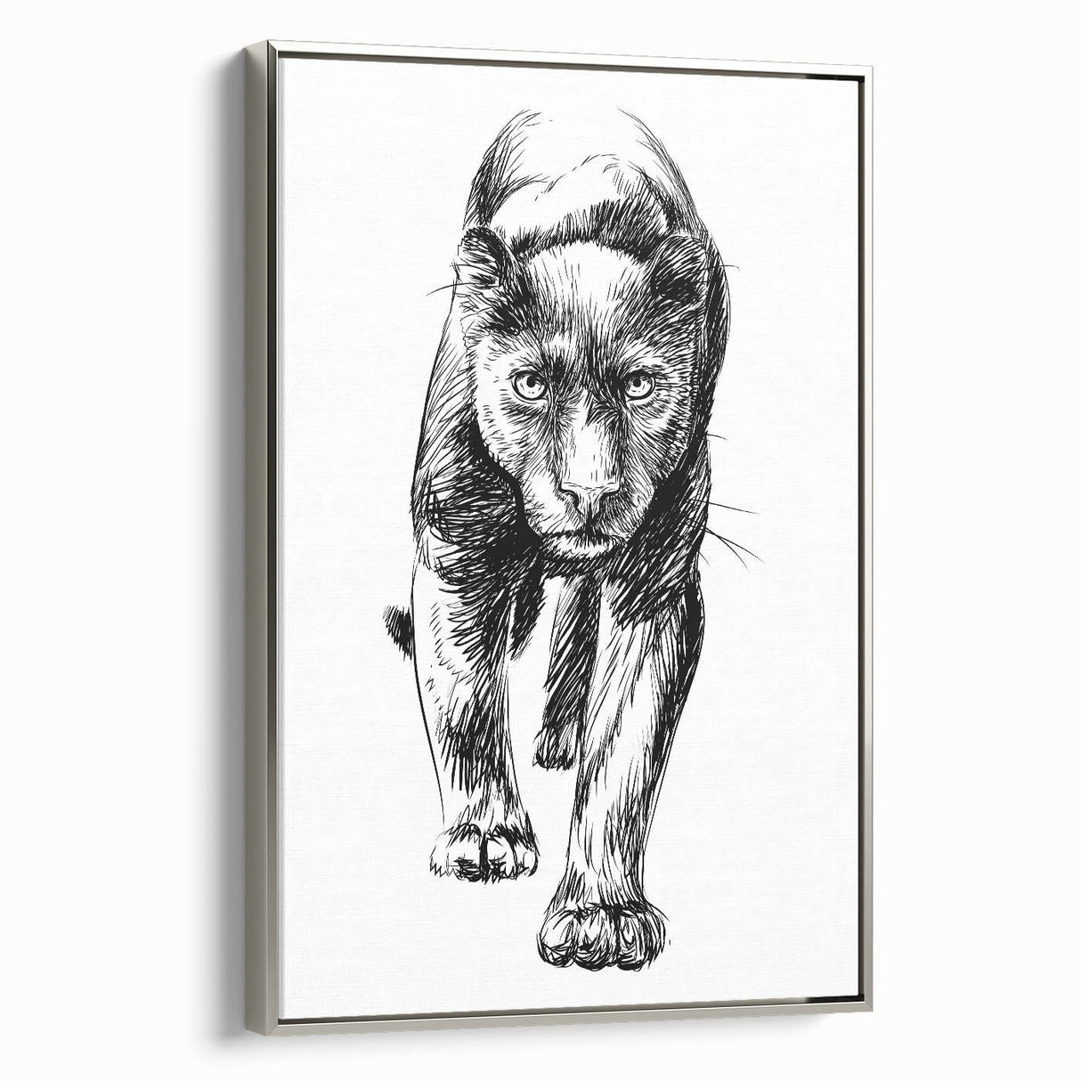 Framed wall art showcasing a striking panther design on a textured canvas, featuring silver accents and a sleek side view, ideal for wildlife enthusiasts and modern decor.