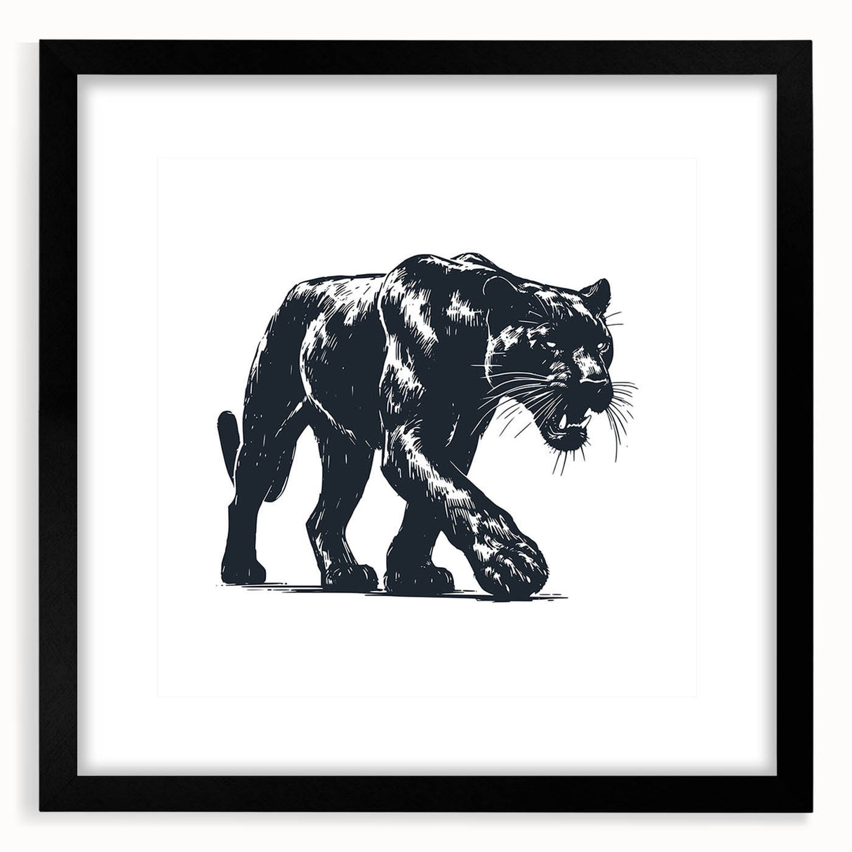 Black-framed wall art featuring a striking panther design, showcasing vivid colors and intricate details, perfect for animal lovers and modern decor enthusiasts.