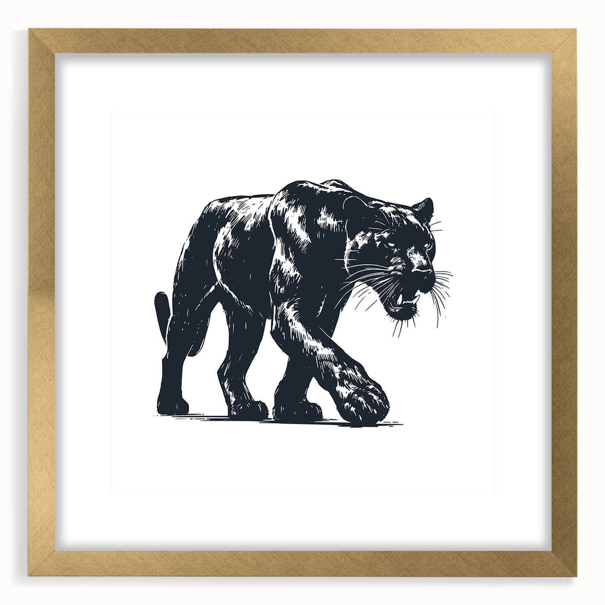 Elegant wall art featuring a wild panther design in a gold frame with a mat, showcasing intricate details and vibrant colors, perfect for animal lovers' decor.