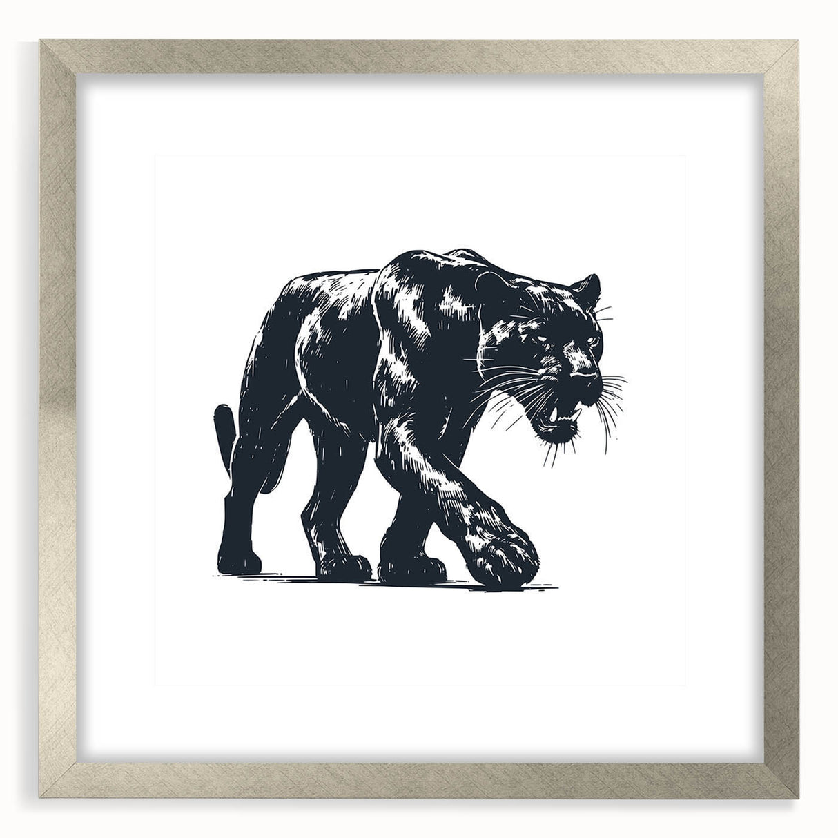 Framed wall art featuring a striking panther design in a silver matte finish, showcasing vibrant colors and intricate details, perfect for wildlife enthusiasts.