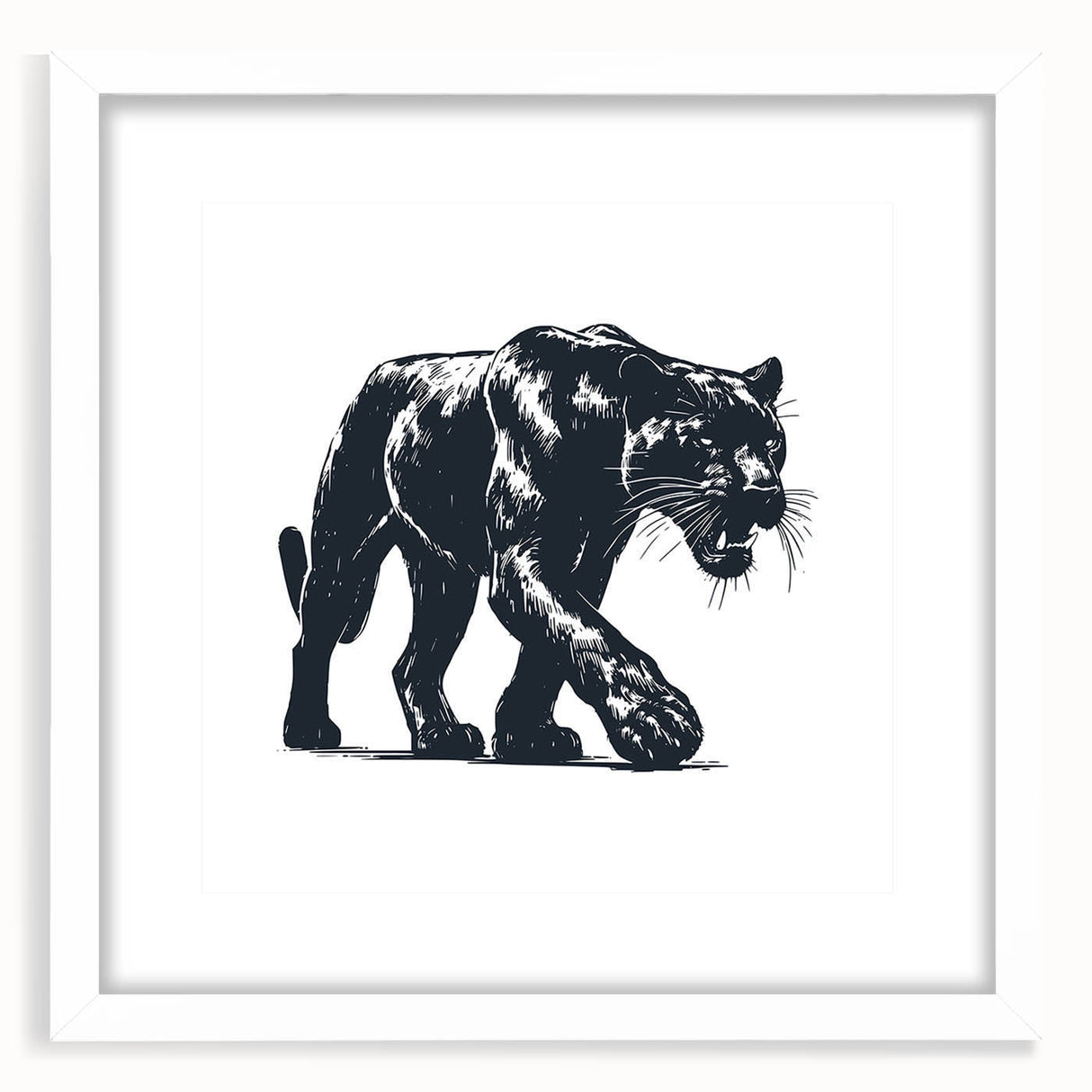 Panther-themed wall art framed in white mat, showcasing a vibrant design of a fierce black panther amidst lush foliage, perfect for wildlife enthusiasts and modern decor.