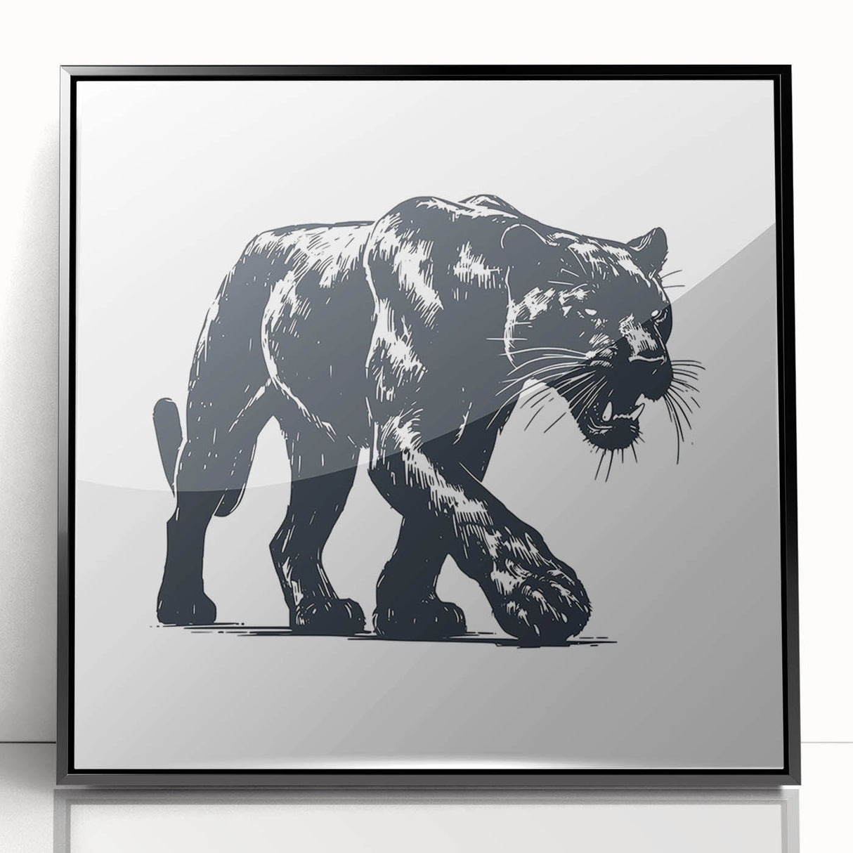 Framed acrylic wall art featuring a striking panther design, showcasing bold black and vibrant colors, perfect for animal lovers and modern decor enthusiasts.