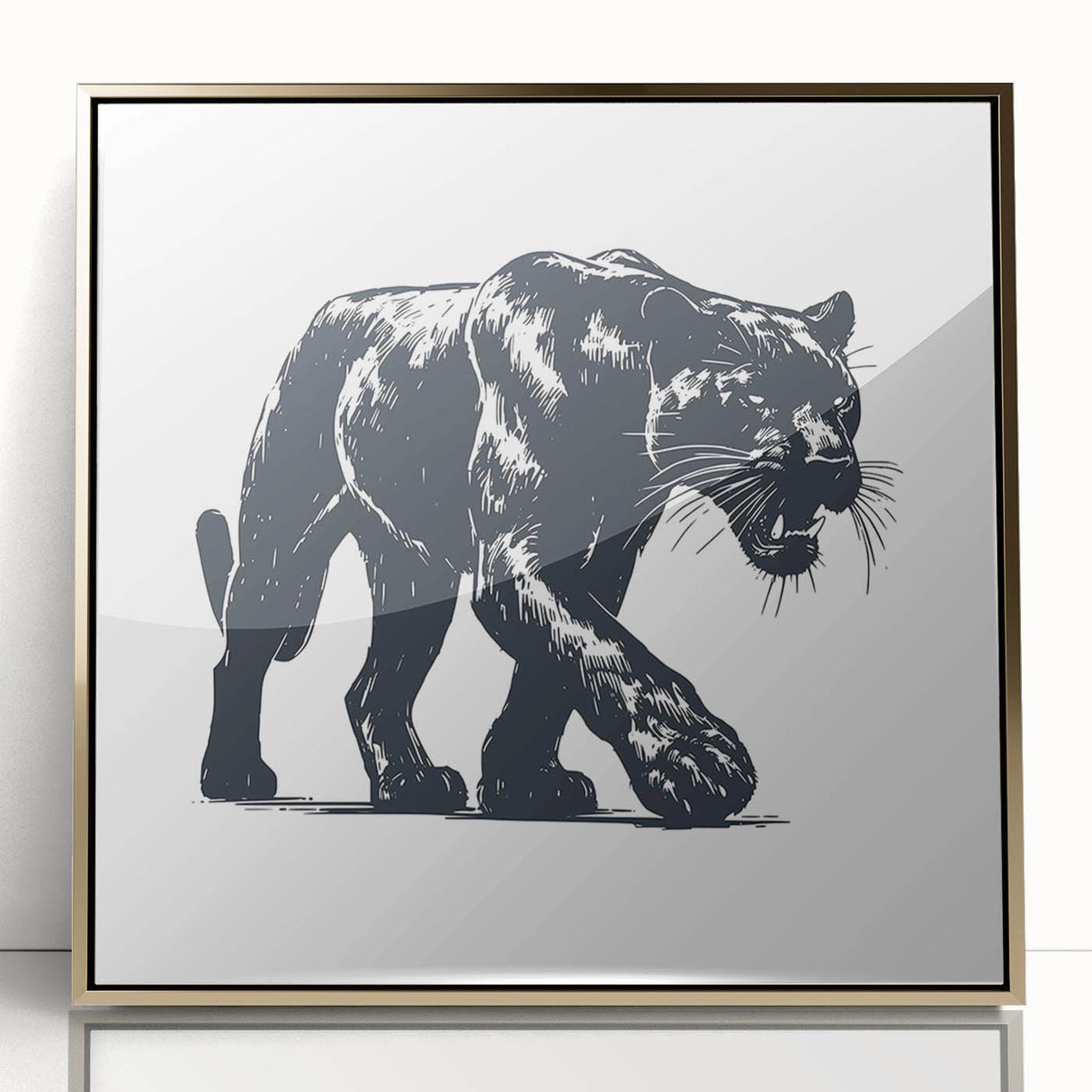 Framed acrylic wall art showcasing a striking panther design in gold, emphasizing wildlife beauty and elegance, perfect for modern home decor.