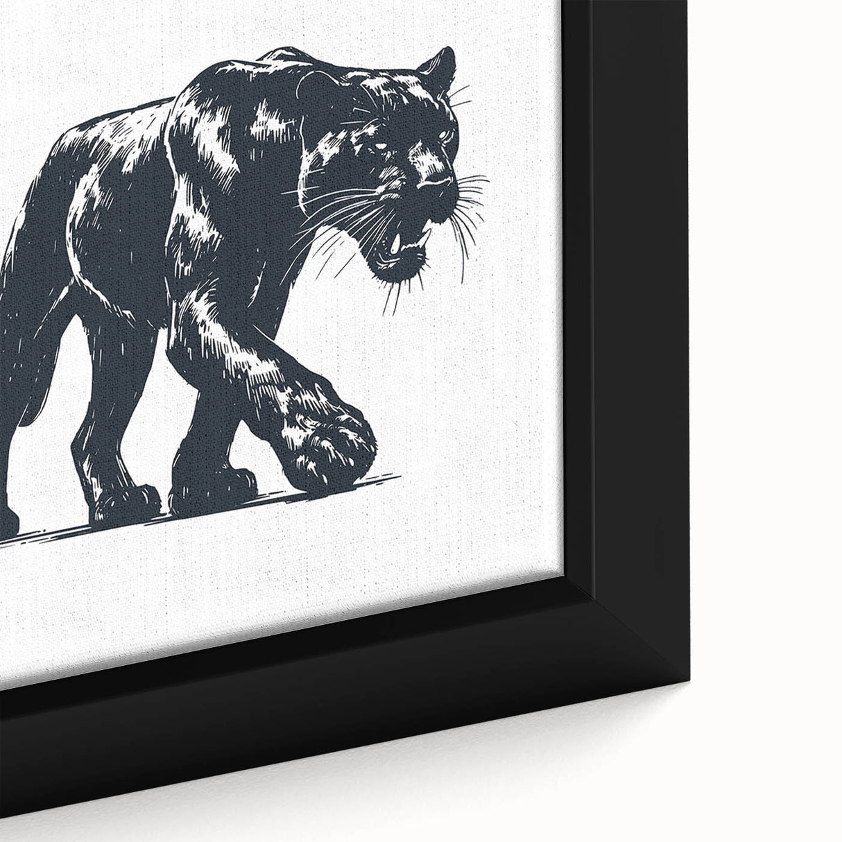 Close-up of a framed canvas wall art depicting a striking panther design, showcasing rich colors and intricate details, perfect for wildlife enthusiasts and home decor.