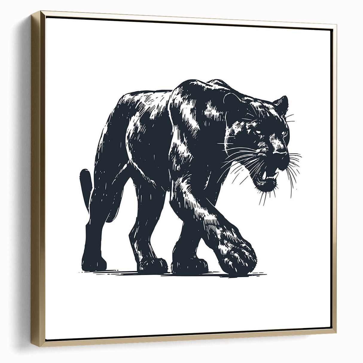 Framed wall art featuring a striking panther design in a bold gold color scheme, showcasing intricate details and vibrant textures, perfect for wildlife enthusiasts.