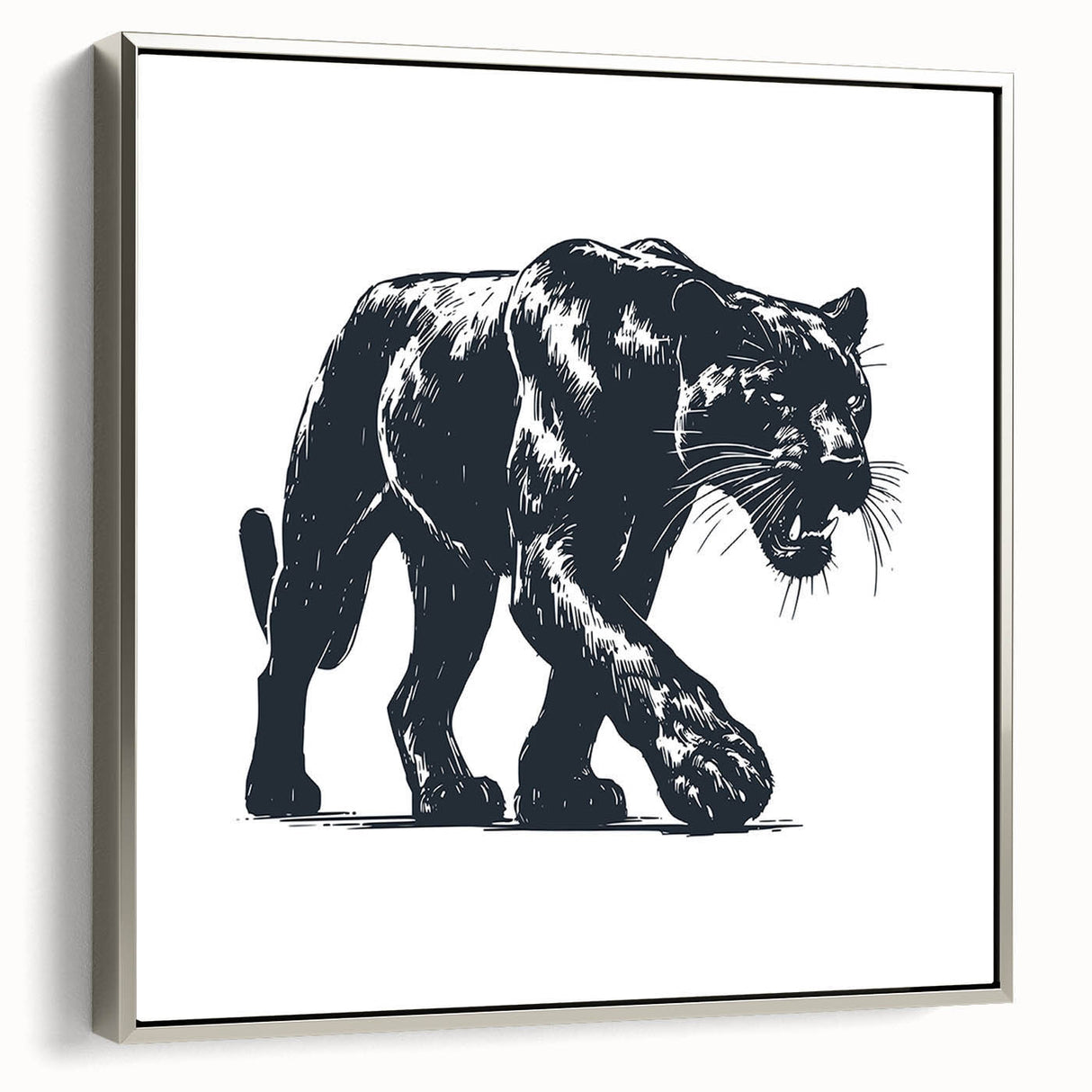 Framed wall art featuring a striking panther design in silver tones, showcasing intricate details and textures, perfect for animal lovers and modern decor.