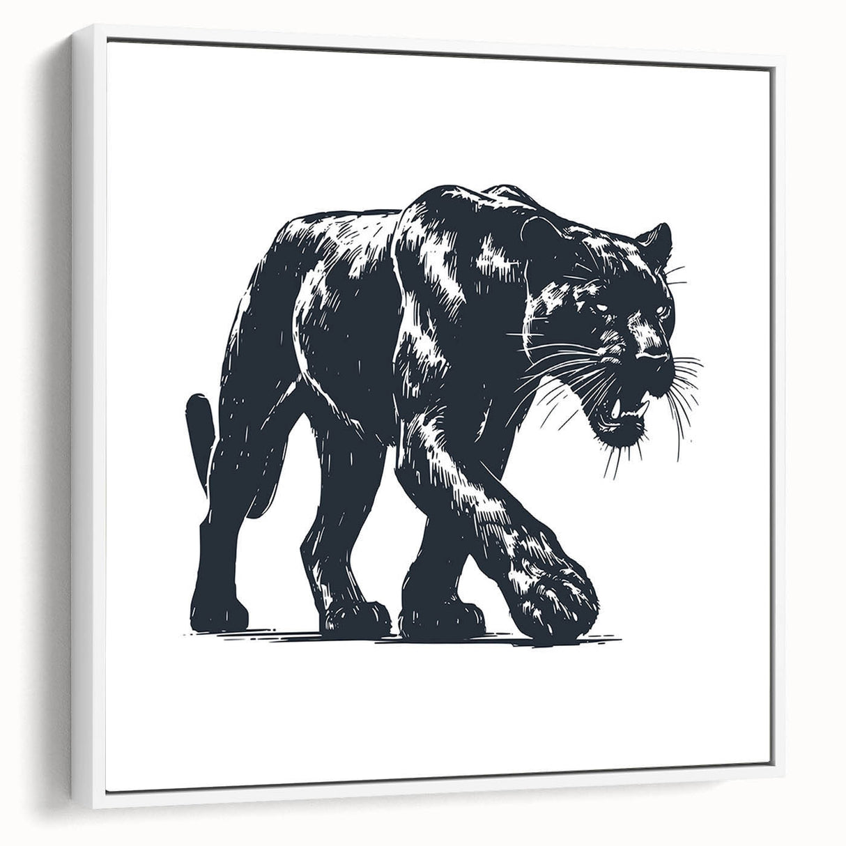 Framed wall art depicting a sleek black panther on a white background, showcasing intricate details and vibrant colors, perfect for wildlife enthusiasts and home decor.
