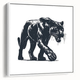 Framed wall art depicting a sleek black panther on a white background, showcasing intricate details and vibrant colors, perfect for wildlife enthusiasts and home decor.