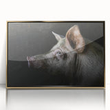 Framed wall art featuring a whimsical pig design in a vibrant color palette, accented with gold frame, perfect for animal lovers and home decor enthusiasts.