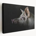 Stretched canvas wall art featuring a whimsical pig design in vibrant colors, showcasing a side view of the animal in a playful pose, perfect for home decor.
