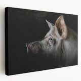 Stretched canvas wall art featuring a whimsical pig design in vibrant colors, showcasing a side view of the animal in a playful pose, perfect for home decor.