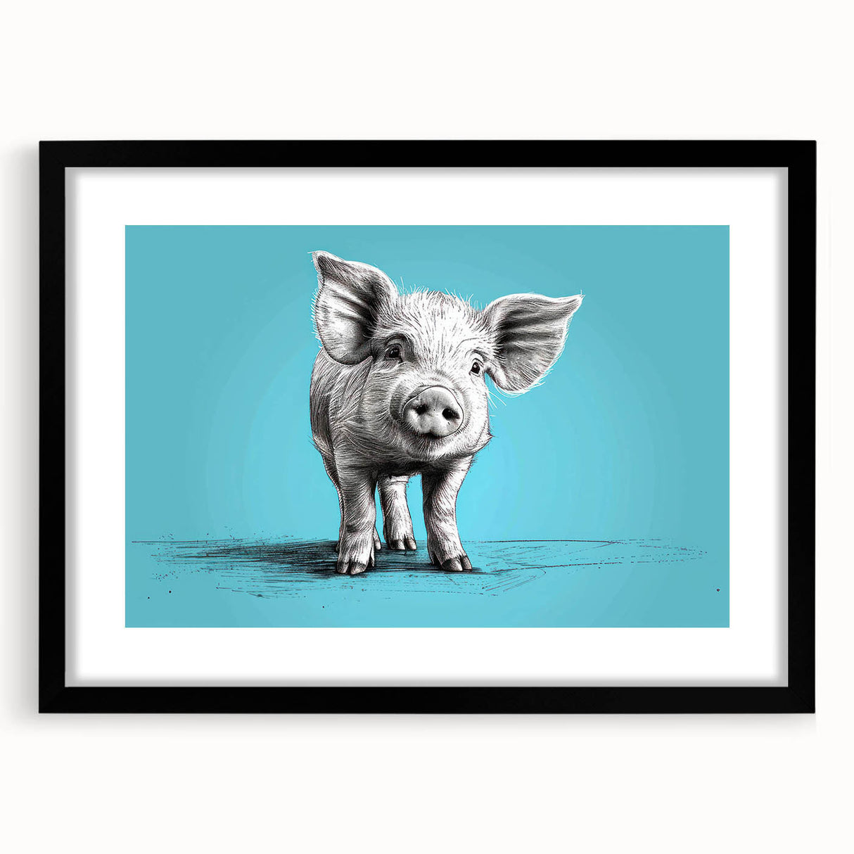 Framed wall art featuring a whimsical pig design with vibrant colors and playful details, set against a sleek black mat, ideal for animal lovers' decor.