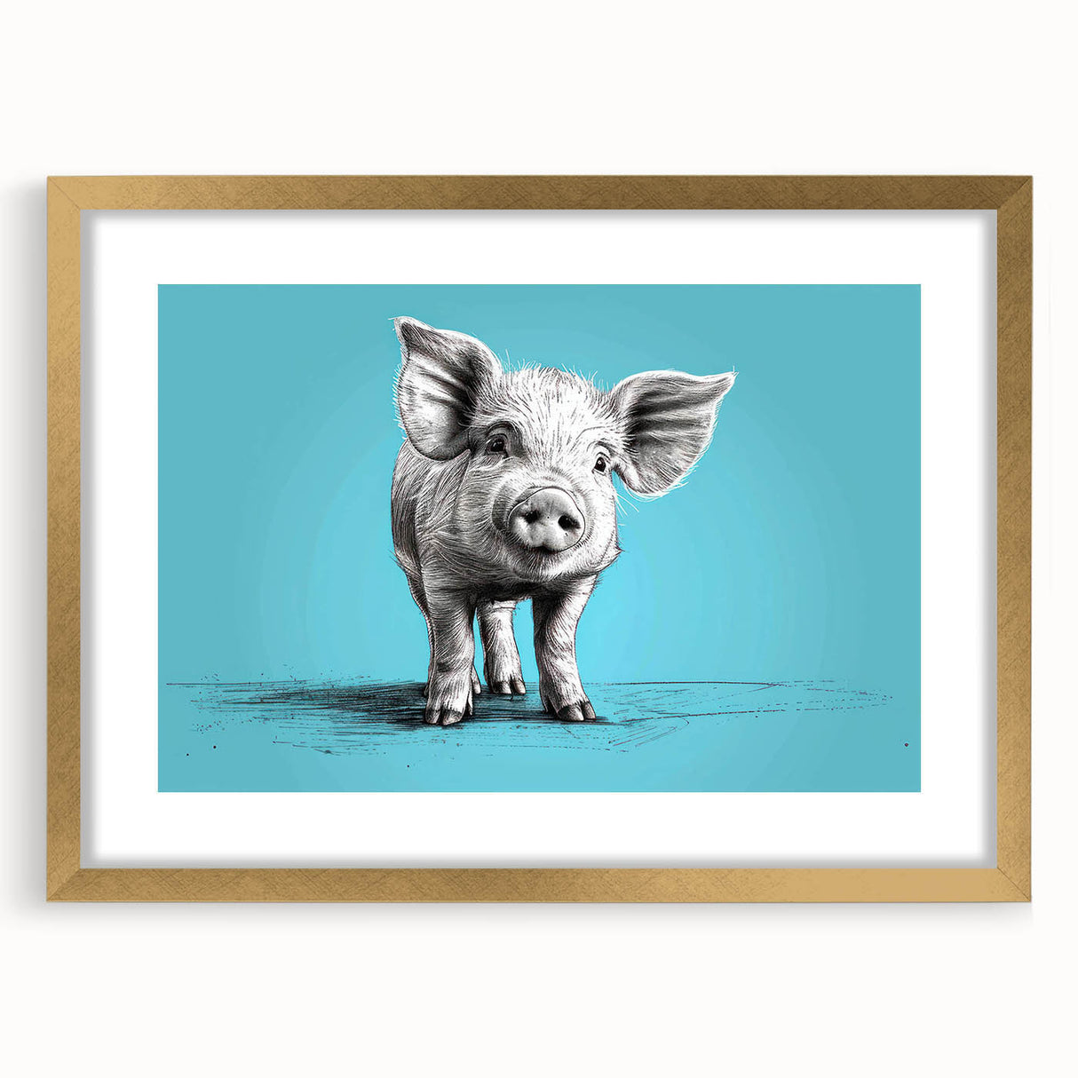 Framed wall art featuring a whimsical pig design in gold, showcasing intricate details and vibrant colors, ideal for animal lovers and unique home decor.