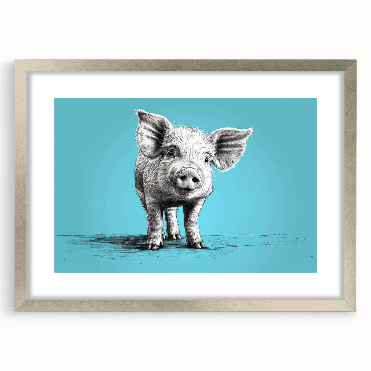 Framed wall art featuring a whimsical pig design from the "Animals A Wild Life" collection, with a silver frame and mat, ideal for animal lovers’ decor.