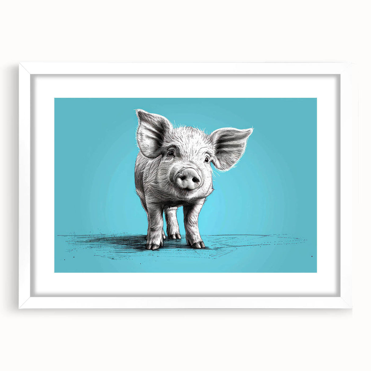 Framed wall art featuring a whimsical pig design from the "Animals A Wild Life" collection, set against a white mat, perfect for adding charm to any room decor.