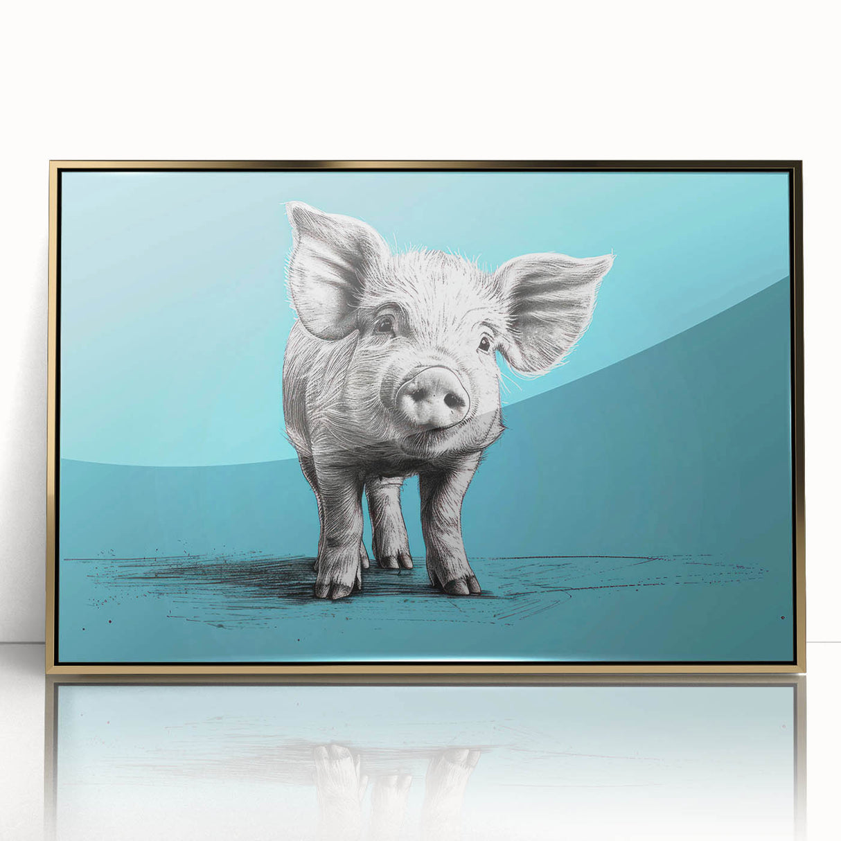 Framed wall art featuring a whimsical pig design in gold accents, showcasing a playful and vibrant aesthetic for animal lovers, perfect for home decor.