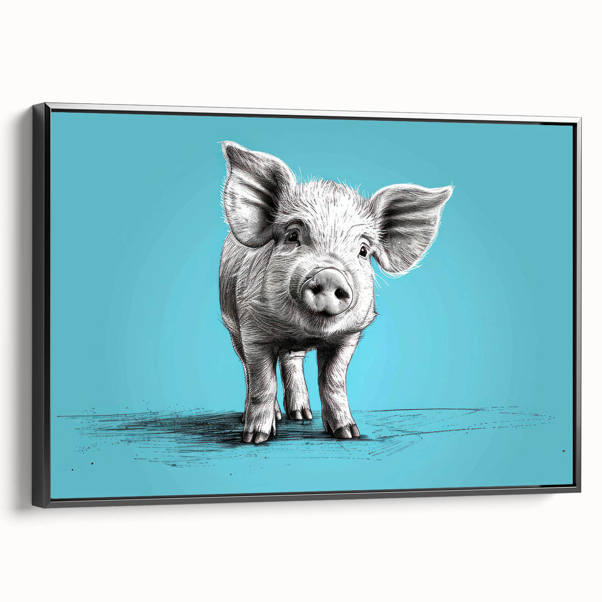 Framed wall art featuring a whimsical pig design in a black frame, showcasing vibrant colors and intricate details, perfect for animal lovers and home decor enthusiasts. Ideal for adding a playful touch to any room.