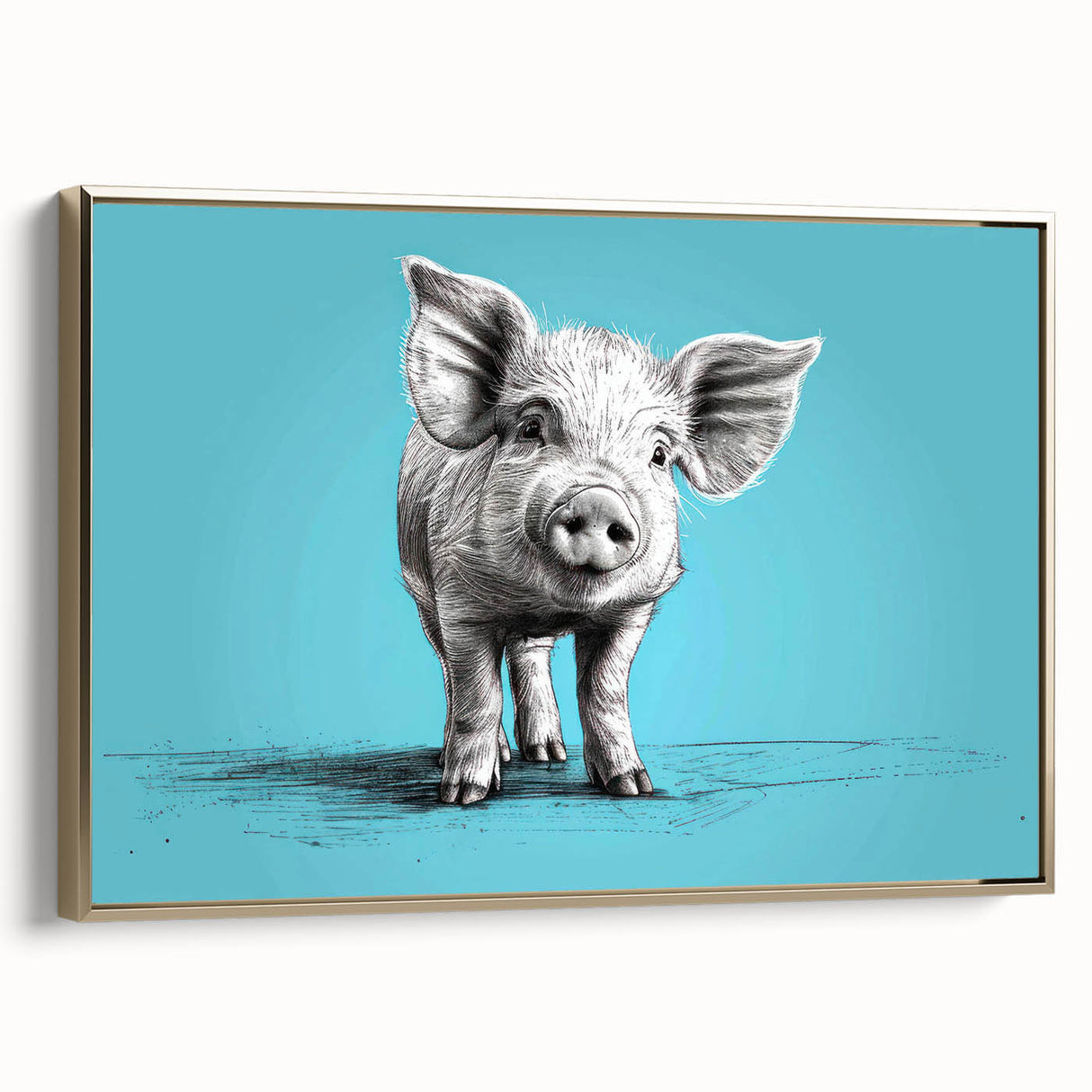 Framed canvas wall art featuring a whimsical pig design against a gold background, showcasing vibrant colors and playful details, perfect for animal lovers and home decor enthusiasts.