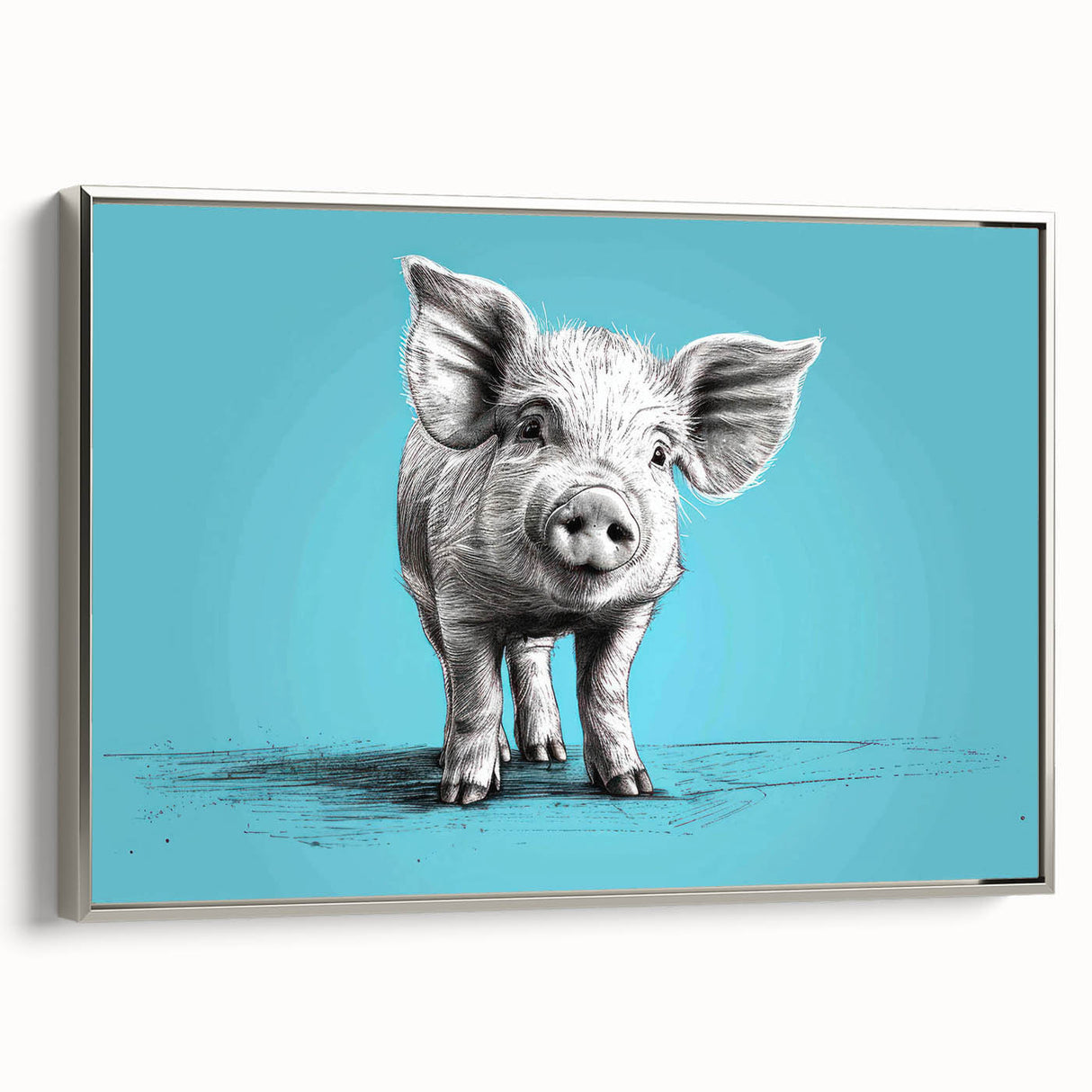Framed canvas wall art featuring a playful pig design in a silver frame, highlighting vibrant colors and intricate details, perfect for animal lovers and home decor enthusiasts.